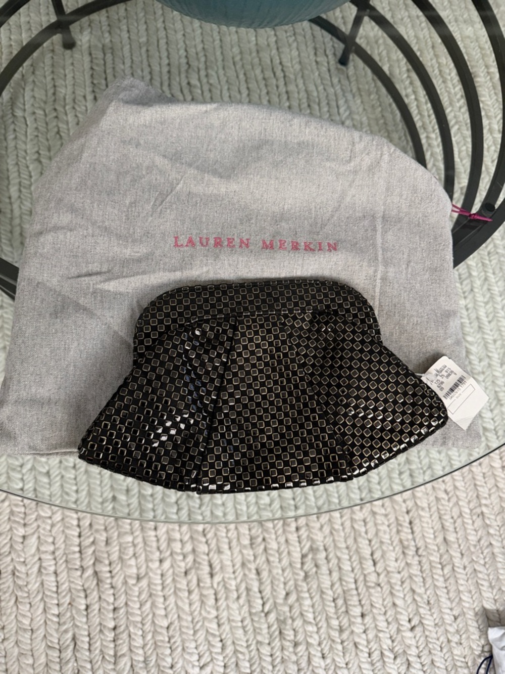 Lauren Merkin Black Sequined Bucket Hat with Square Pattern